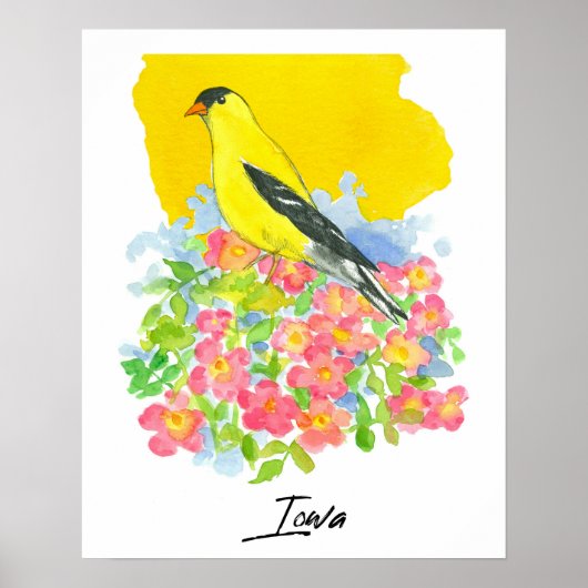 Poster Iowa State Shape Goldfinch Pink Wild Roses (Devant)
