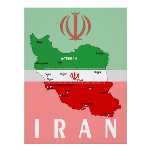 Poster Iran Map with Flag and Emblem (Devant)