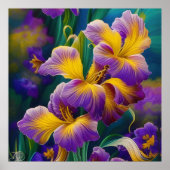 Poster Iris Floral Violet et bleu or feuilles (Devant)