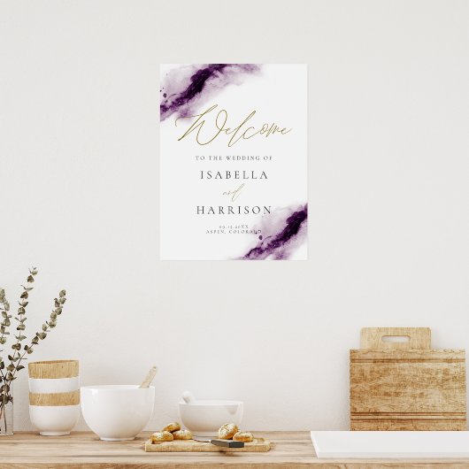 Poster IRIS | Plum Purple Aquarelle Splash Gold Welcome (Cuisine)