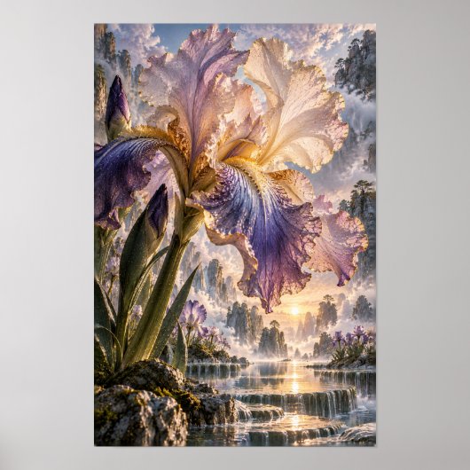 Poster Iris Violet et Crème avec Paysage de Cascade Mural (Devant)