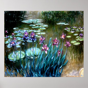 Poster Irises et nymphes d'eau dans le jardin de Giverny