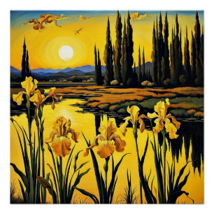 Poster Irises jaunes au bord d'un étang