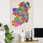 Poster Irlande Eire County - Carte texte (Bureau à domicile)