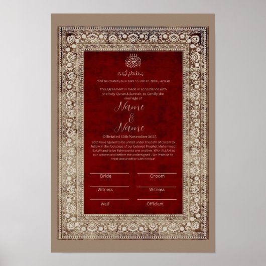 Poster Islam Elegant Rouge et or certificat Nikkah (Devant)