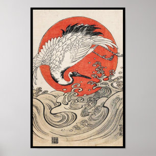 Poster Isoda Koryusai Grue Vagues et soleil levant