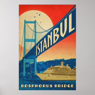 Poster Istanbul, Turquie, pont du Bosphore, croiseur tour