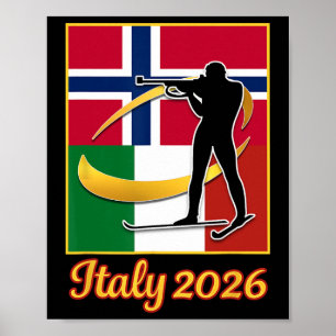 Poster Italie 2026 Biathlon Norvège et Italie Drapeau Hiv