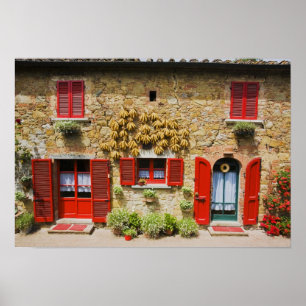 Poster Italie, Lucignano, Volets Rouges et Récolte