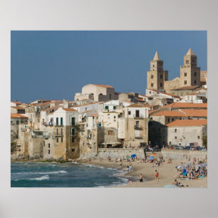 Poster Italie, Sicile, Cefalu, Ville avec Duomo de