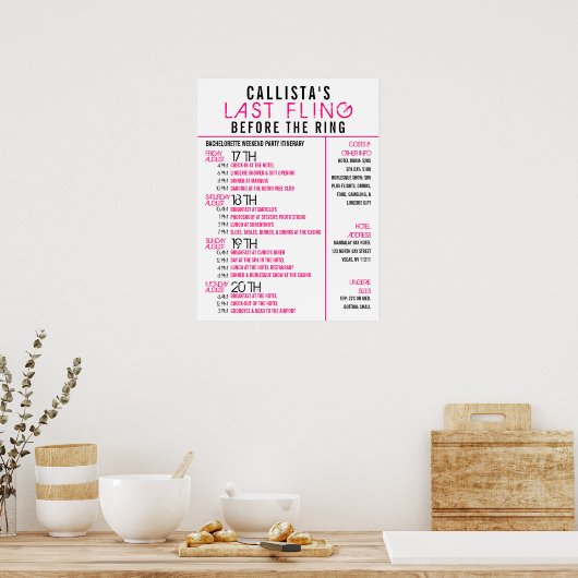 Poster Itinéraire de la fête de la Bachelorette rose mode (Cuisine)