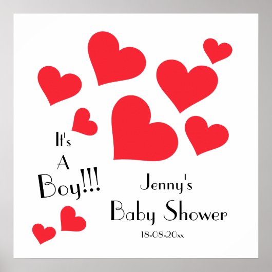 Poster It's A Boy! - Cute Red Hearts Custom Baby Shower (Devant)