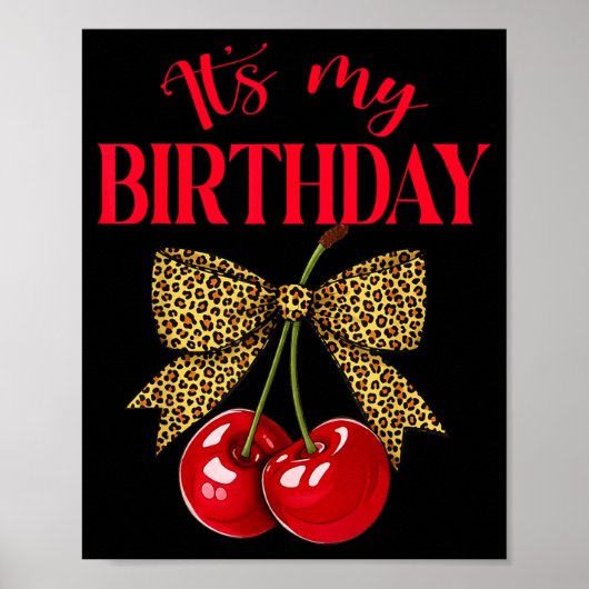 Poster It's My Birthday Cute Cherry Leopard Coquette Bow  (Devant)