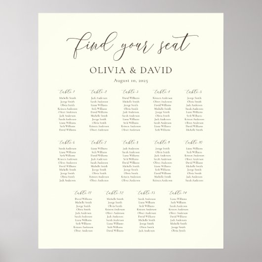 Poster Ivoire & Taupe Script 14 table Seating Chart (Devant)