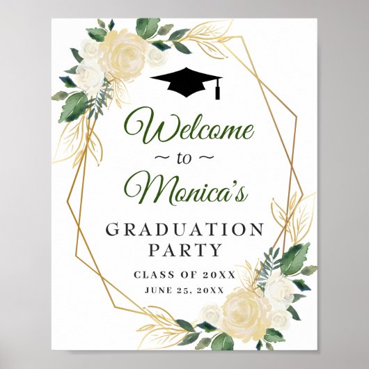 Poster Ivory Golden Floral Welcome Graduation Party (Devant)