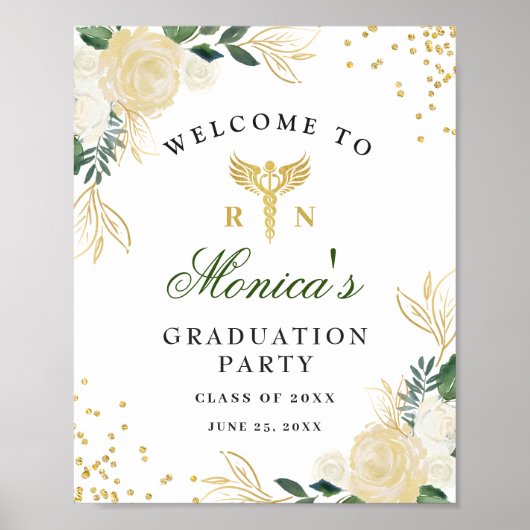 Poster Ivory Golden Floral Welcome Graduation Party (Devant)
