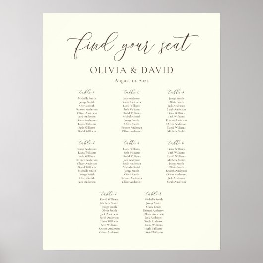 Poster Ivory & Taupe Élégant Script 8 table Seating Chart (Devant)