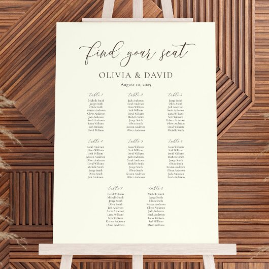 Poster Ivory & Taupe Élégant Script 8 table Seating Chart