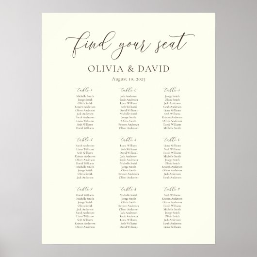 Poster Ivory & Taupe Élégant Script 9 table Seating Chart (Devant)