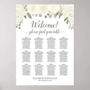 Poster Ivory White Roses 12 Table Wedding Seating Chart