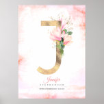 Poster J Letter Monogram Gold Leaves Pink Magnolia Floral<br><div class="desc">Blush pink magnolia flowers letter elegant poster</div>