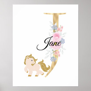 Poster J lettre monogramme personnalisé avec poney