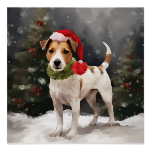 Poster Jack Russell Chien à Noël de neige (Devant)