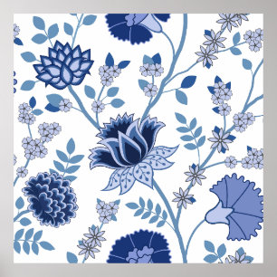Poster Jacobean Floral Lg Motif Bleu sur Blanc