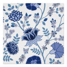 Jacobean Floral Lg Motif Bleu sur Blanc