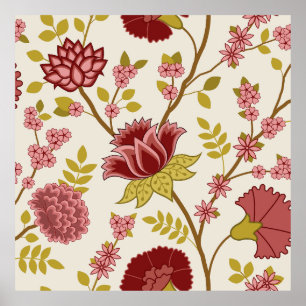 Poster Jacobean Floral Lg Motif Reds Pinks Gold Crème
