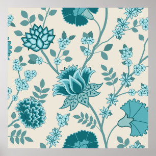 Poster Jacobean Floral Lg Motif Teals sur Crème