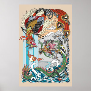 Poster Jade Dragon and Gold Phoenix playing with a pearl