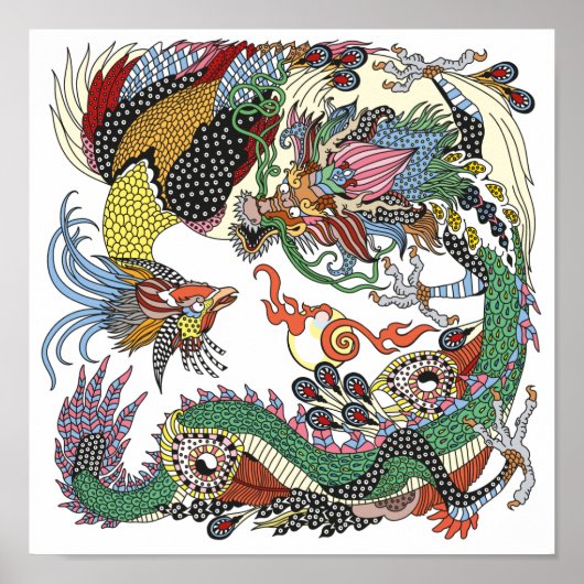 Poster Jade Dragon and Gold Phoenix playing with a pearl (Devant)