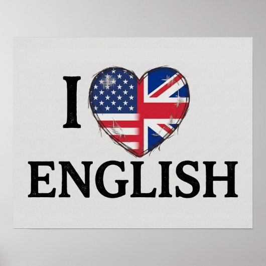 Poster J'adore l'anglais - Drapeau USA et UK en forme de  (Devant)