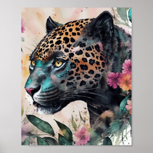 Poster Jaguar Aquarelle Florale (Devant)