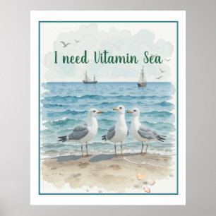 Poster J'ai besoin de vitamine mer, Citation de plage amu