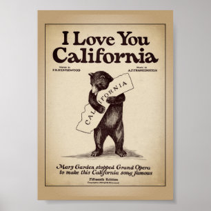 Poster J'aime la carte de Californie avec un ours qui emb