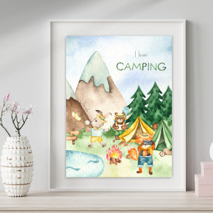 Poster J'aime le camping Animaux de la forêt enfant aquar