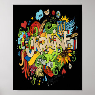 Poster J'aime le Doodle ukrainien avec le drapeau ukraini