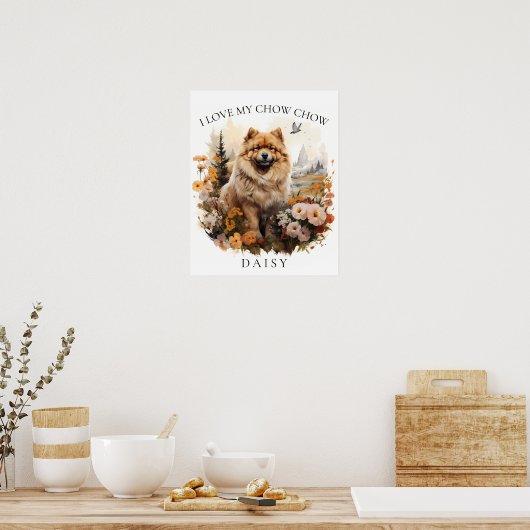 Poster J'Aime Mon Chow Chow Portrait Floral Chien (Cuisine)