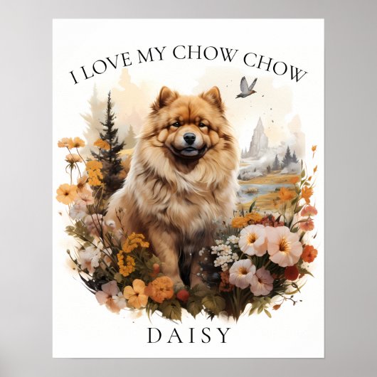Poster J'Aime Mon Chow Chow Portrait Floral Chien (Devant)