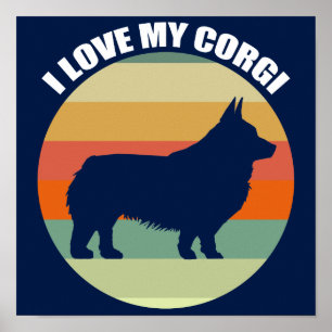 Poster J'Aime Mon Corgi Bel Coucher De Soleil Rétro
