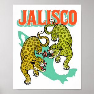 Poster Jalisco Mexico, Retro Travel Poster, Jaguar Art