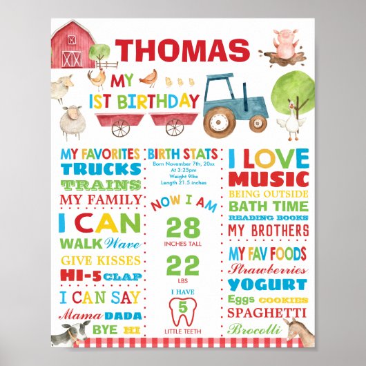 Poster Jalon d'anniversaire 1 an Ferme Cour de ferme Stat (Devant)