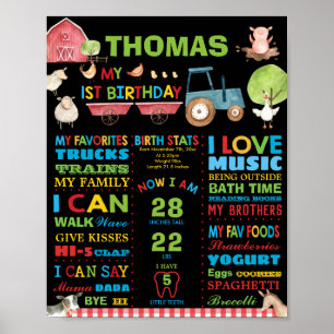 Poster Jalon de 1er anniversaire Animaux de la ferme Stat