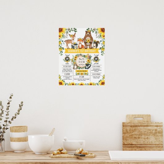 Poster Jalon de 1er anniversaire Animaux de la forêt de t (Cuisine)