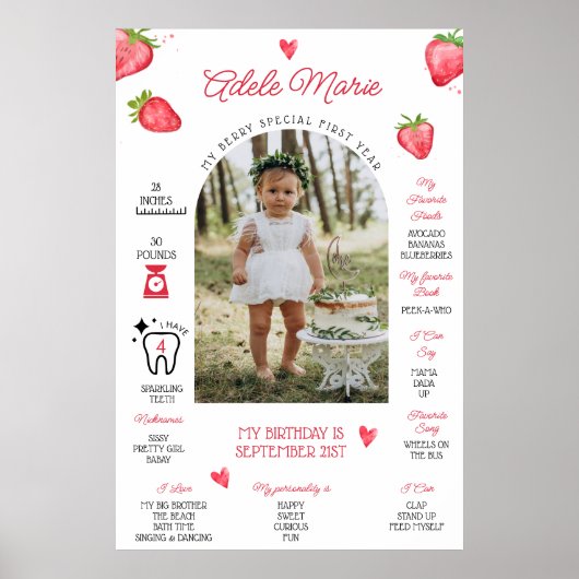 Poster Jalon de premier anniversaire de photo de fraise (Devant)