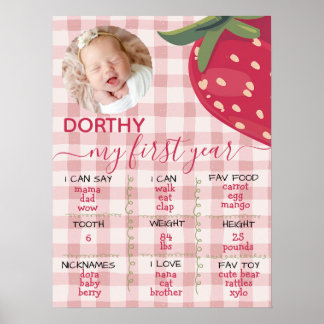 Poster Jalon de premier anniversaire fraise en vichy rose