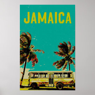 Poster Jamaïque, bus et palmiers carte postale