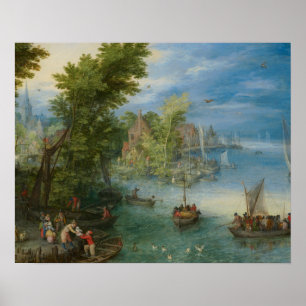 Poster Jan Brueghel l'Ancien - Paysage fluvial